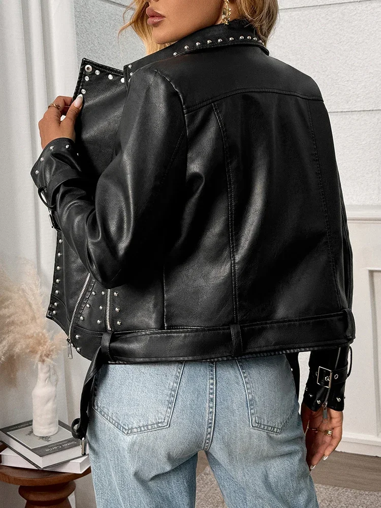 Spring Autumn Women Streetwear Rivet Zipper Belt Faux Leather Jacket Vintage Female Moto Biker Coat Outwear 2025