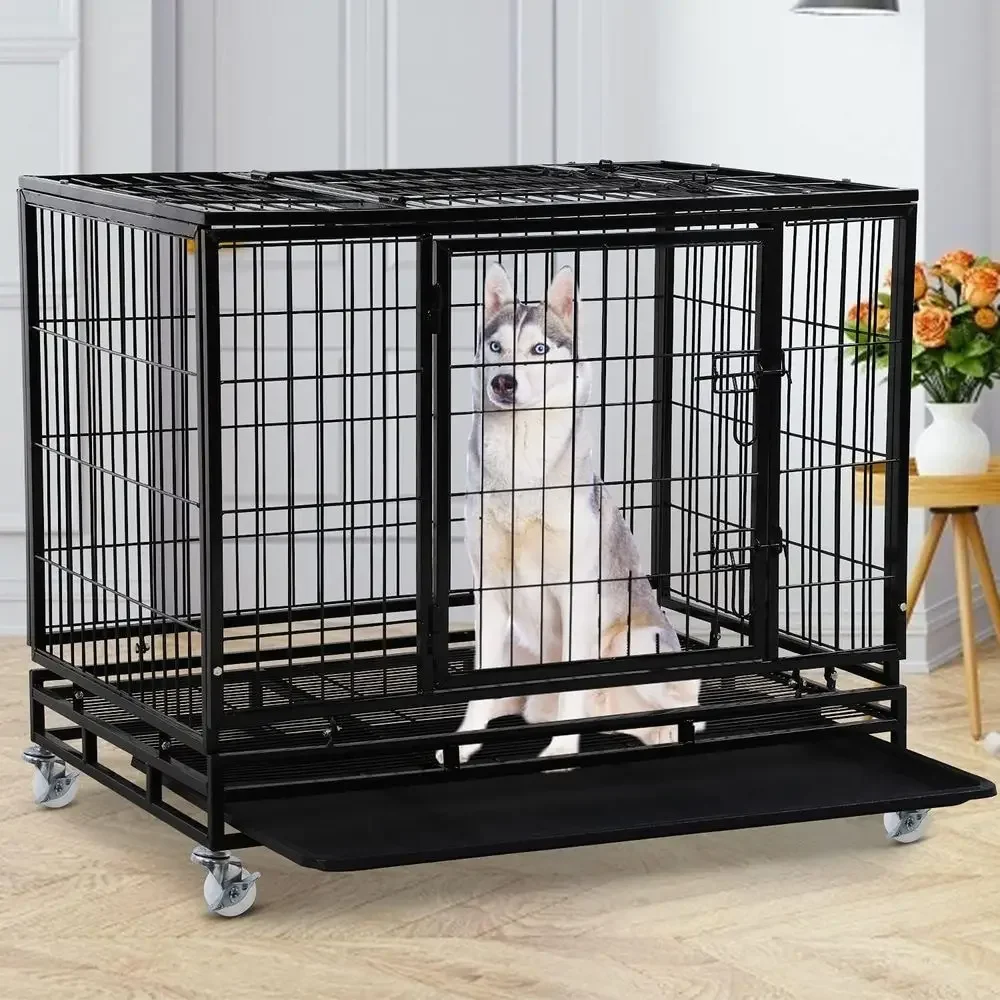 

Large 42 Heavy Duty Metal Dog Cage with Lockable Wheels, Double Door, and Tray - Outdoor Indoor Kennel for Training and Play