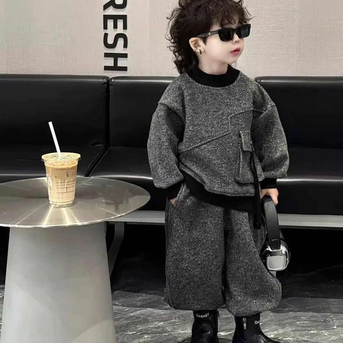 Baby Boys Children Autumn Winter Kids Gray Fashion casual Woolen Pullover Top+Leggings Pants 2Pcs Suits Set Streetwear Handsome