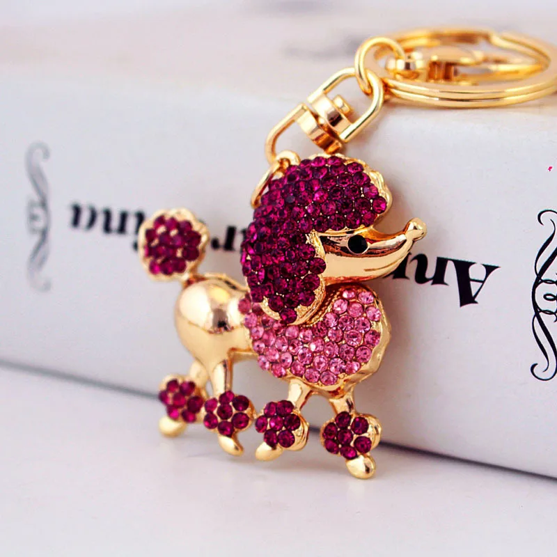 Cute Rhinestone Crystal Poodle Dog Keychain Animal Puppy Key Chain Key Ring Holder Bag Pendant Accessories Keyring