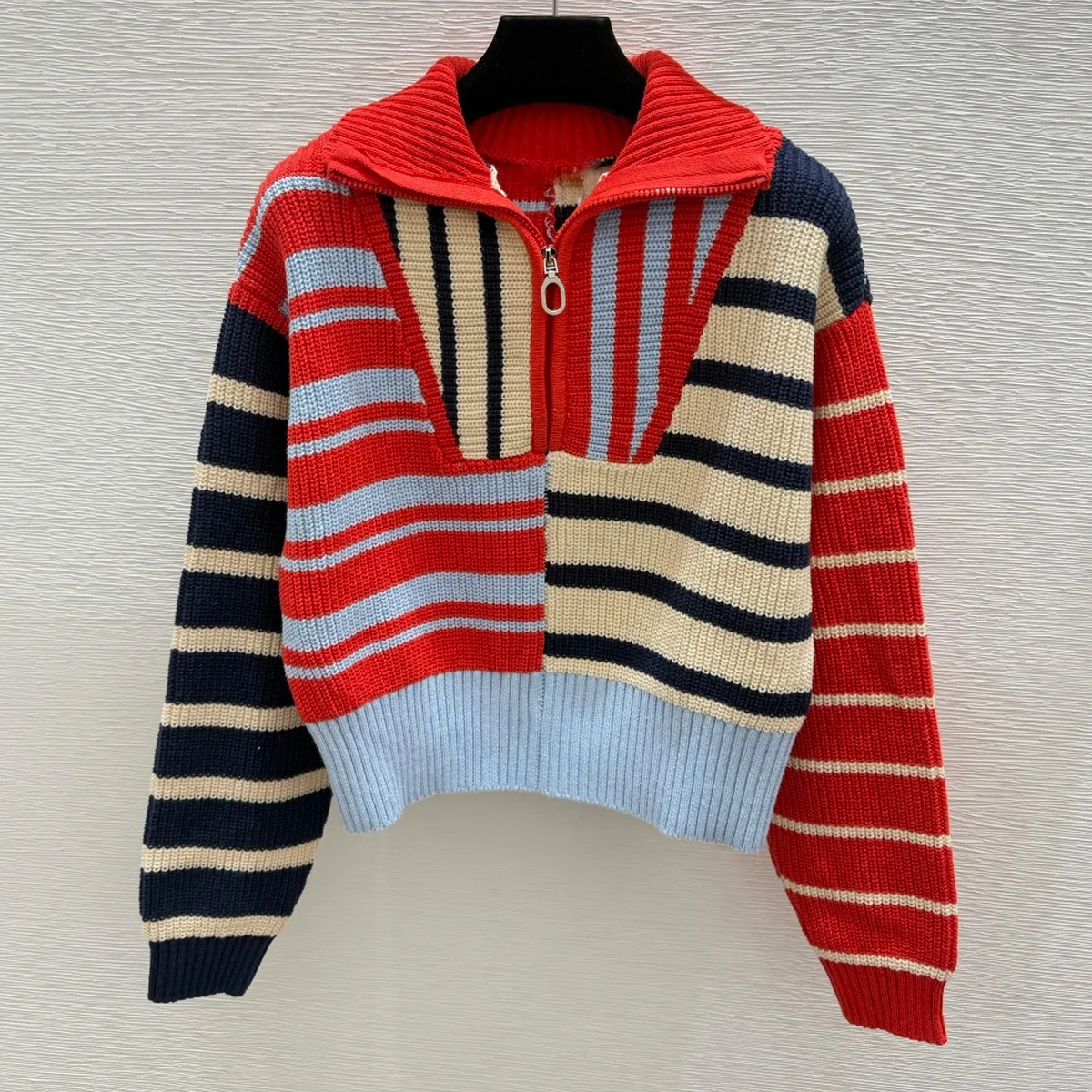 High Quality Women Half Zip Lapel Striped Patchwork Cropped Sweater, Color Block Irregular Stripe Knit Top lyt26101063