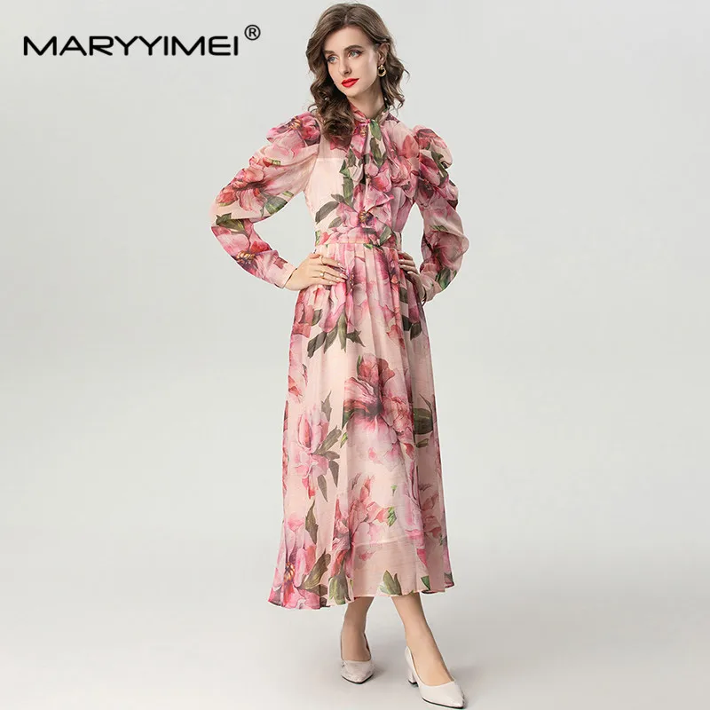 MARYYIMEI Autumn and Winter Women\'s Dress Long Sleeved Single-Breasted Pleated Splicing Print Bohemian Holiday Dresses