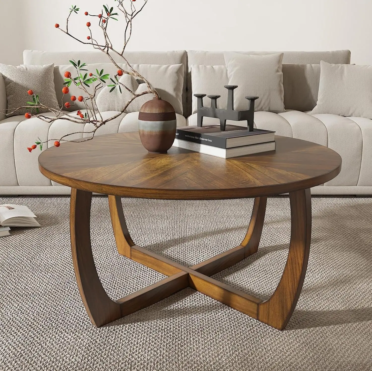 

Round Wood Coffee Table, Mid Century Modern Round Walnut Coffee Tables For Living Room, 33.5" Dia. Circle Drum Coff