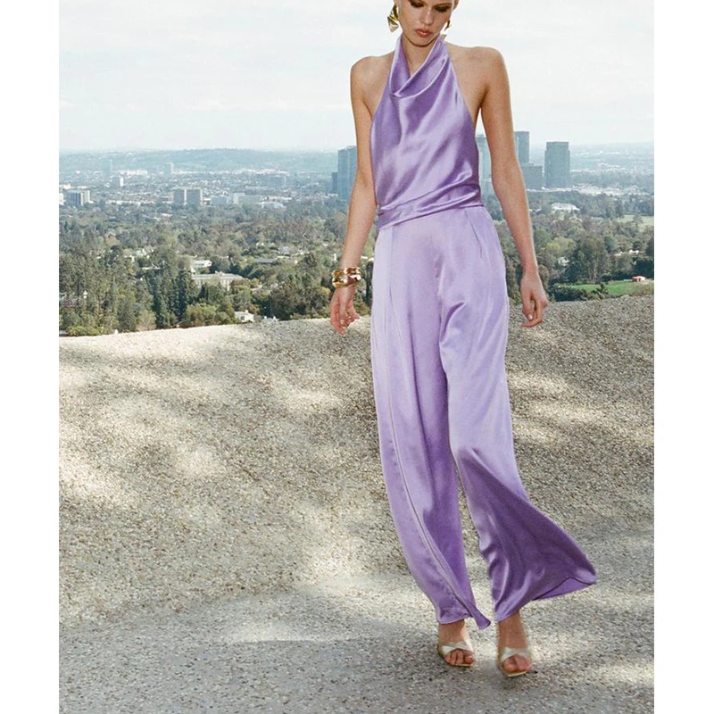 Estate delle nuove donne Wrap Dr Raso di seta Sensazione Appeso Colletto a pieghe Pantaloni interi Vita alta Gambe lunghe Fibra di poliestere