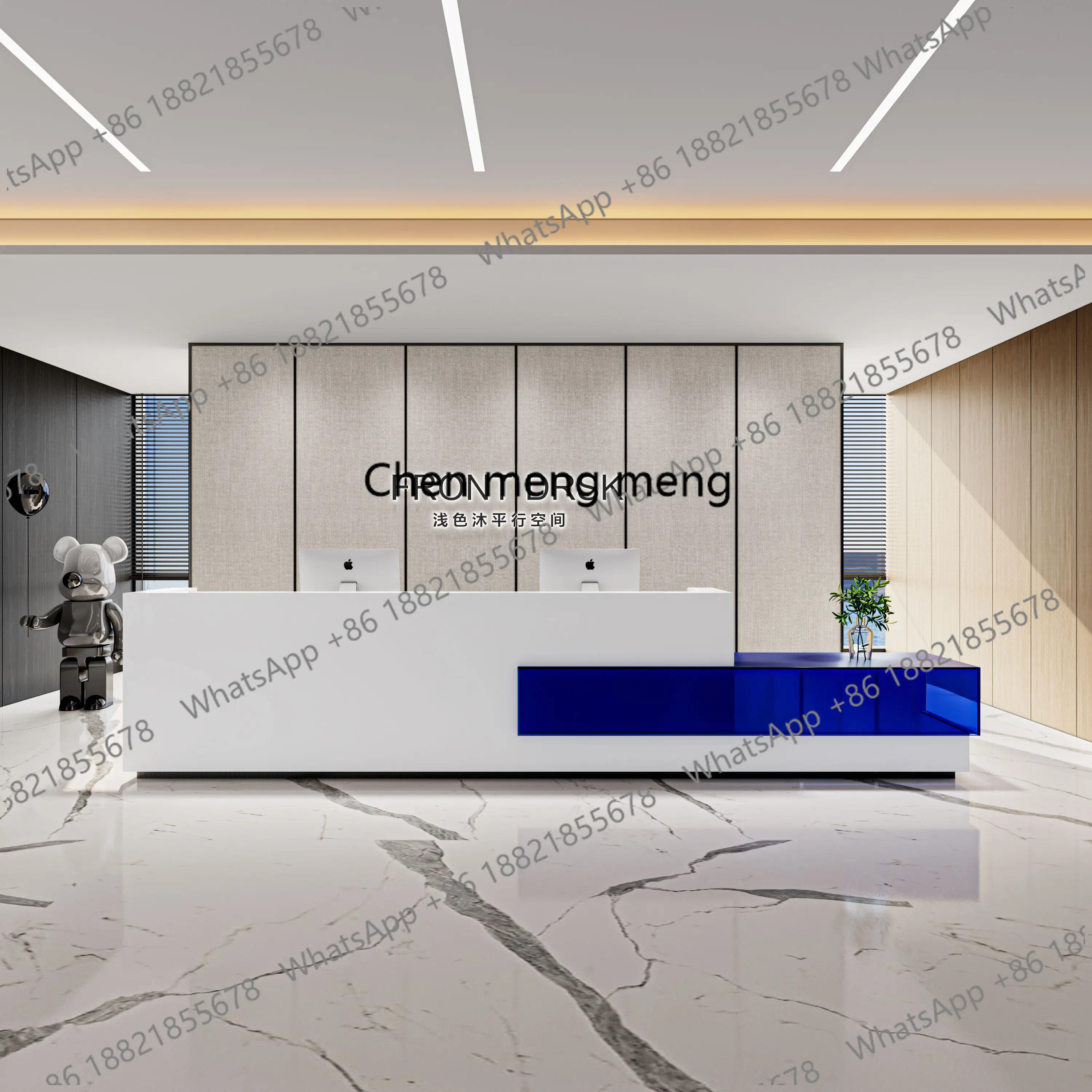 Simple modern white L-shaped checkout page Clothing store Storage front desk Customizable reception desk