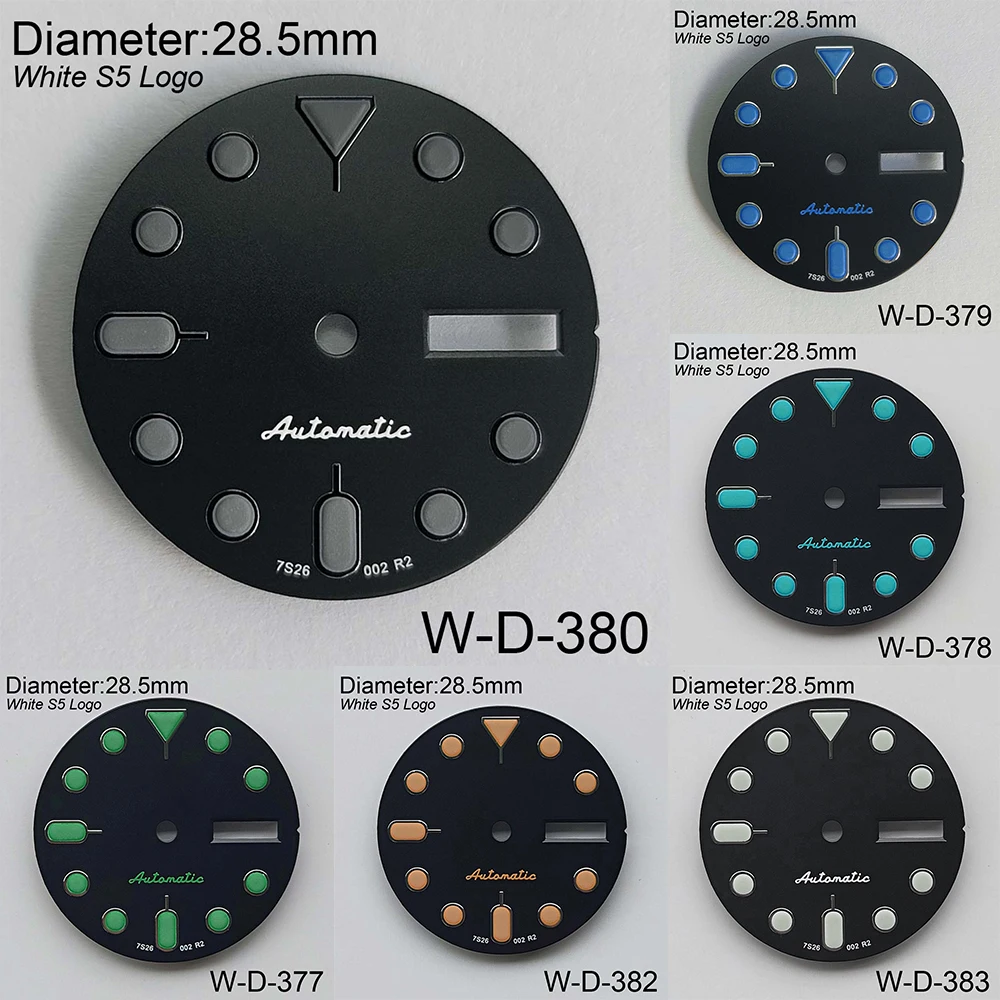 

28.5mm S 5 Logo SKX007 Black Dial Suitable for NH36/4R36 Movement Green Luminous Dual Calendar Watch Modification Accessories