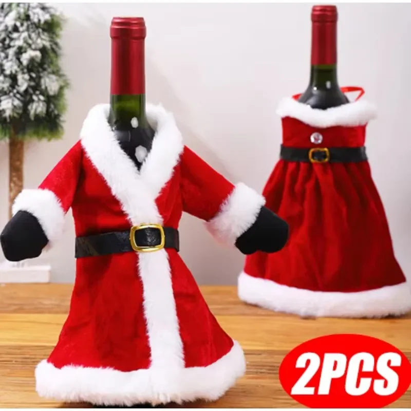2PCS Christmas Wine Bottle Cover Velvet Dress Clothes Set Wine Bottle Ornaments Bag Xmas Party Dinner Table Decoration Gifts
