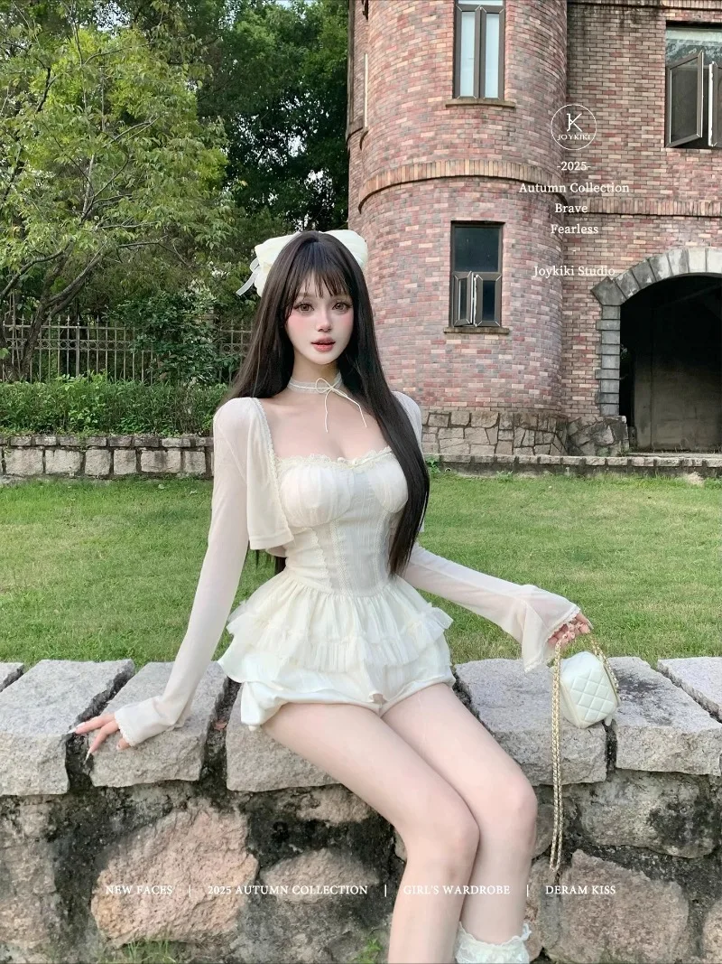 2025 Autumn Princess Style Lace Trim Slimming Camisoles Hot Girl Top And Shorts For Women's Kawaii Clothes Y2k Boat Neck Slings