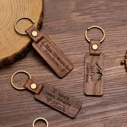 Custom LOGO Wooden Keychain Blank PU Leather Retro Engraved Car Key Chains Personalized Wood Keyring Square Keyring for Lovers