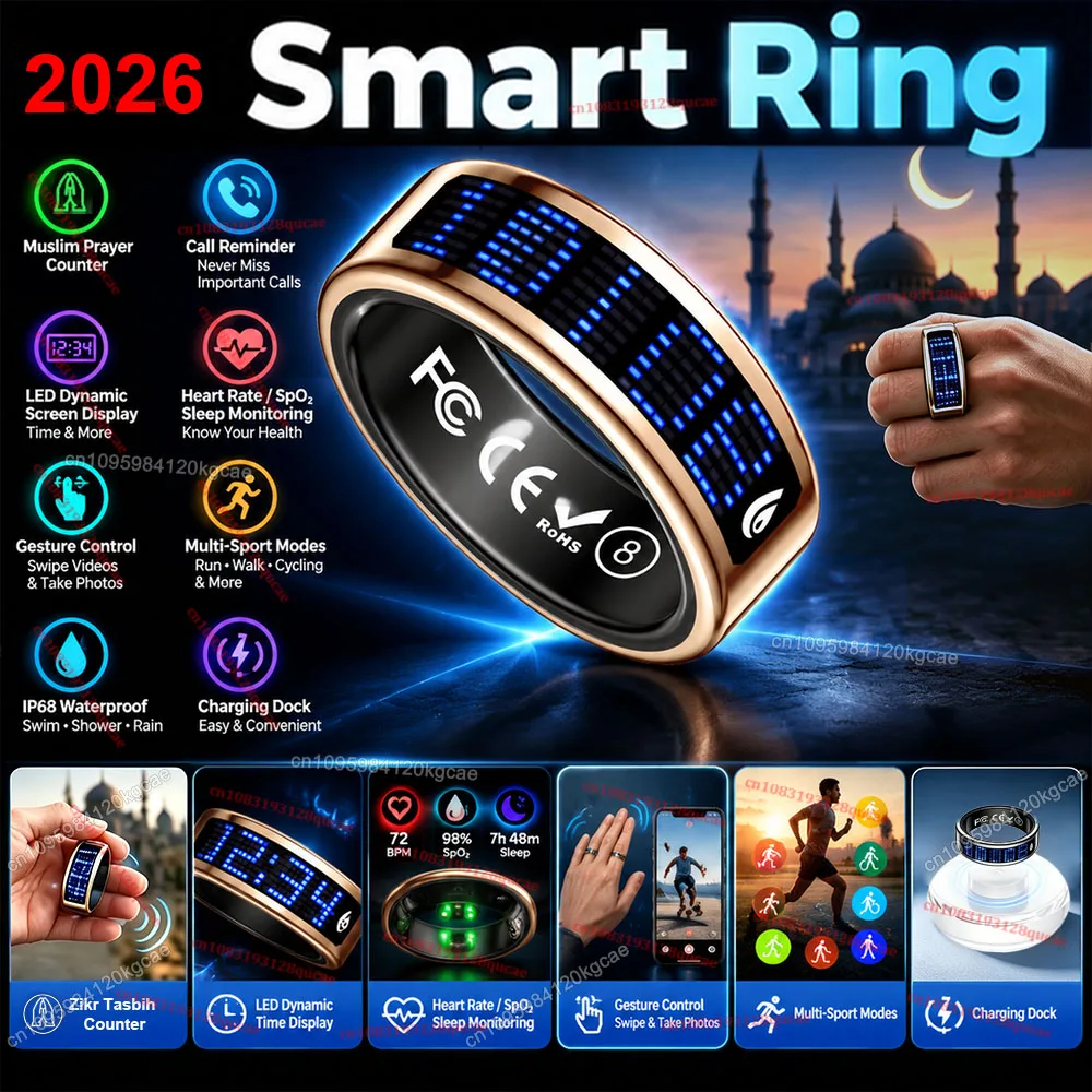 R12 Smart Ring with Display Screen and Touch Wireless Charging Health Manager Zikr Tasbih Counter 5 ATM Waterproof For Men Women