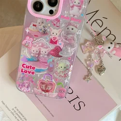 Luxury Laser Rainbow Cute Pink Heart Love Cat Cartoon Phone Case For iPhone 13 14 15 16 17 Pro Max Y2k 3D Furry Cat Doll Lanyard