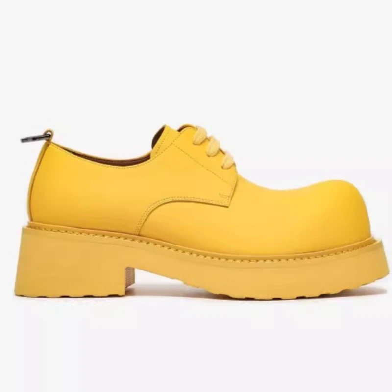 Europe/American Street Fashion Yellow Derby Shoes for Men's Genuine Leather Big Head Casual Thick Sole Heightening Cowhide Shoes