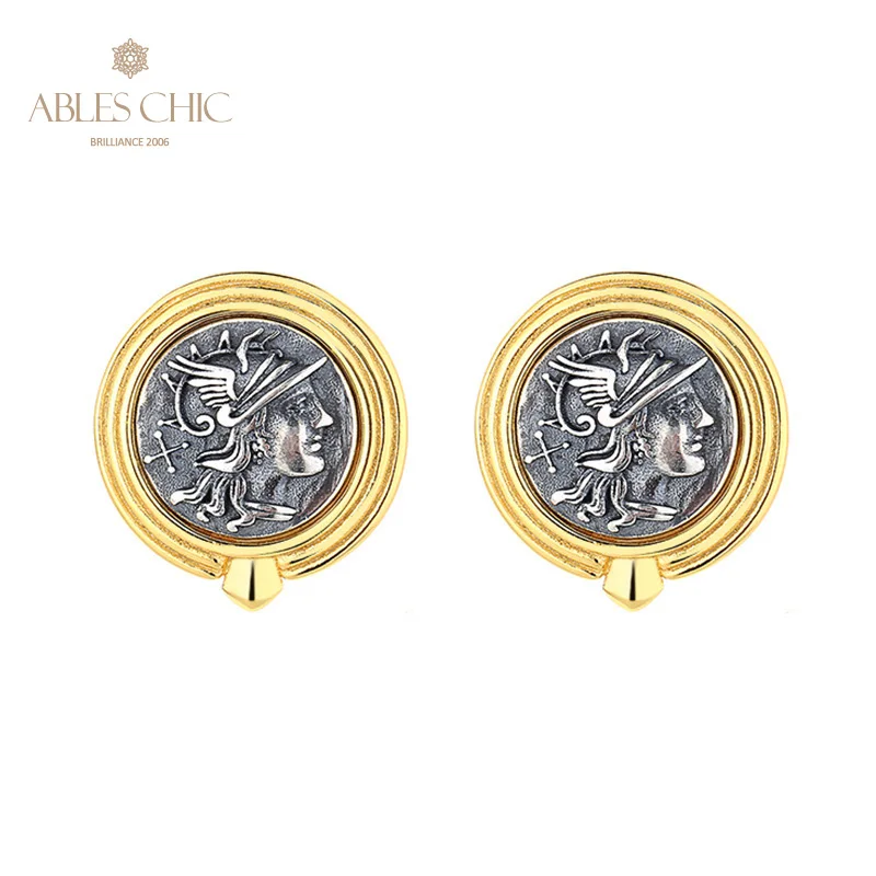 Ables Chic Roman Goddes Greek Coins Solid 925 Silver Roman Coin Stud Earrings E1006