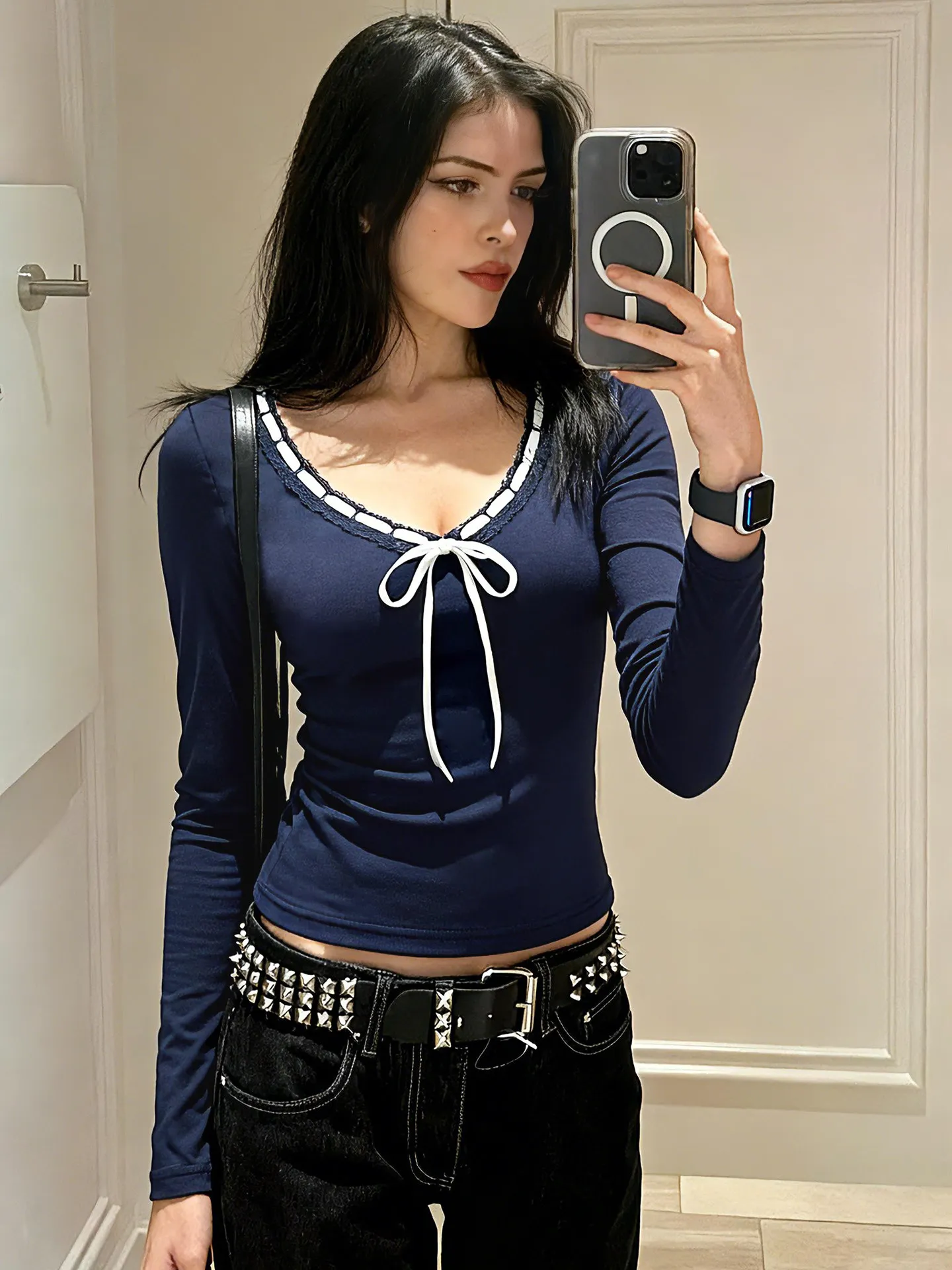 Women's Dark Blue T-Shirt Y2K Gyaru Long Sleeve Bow T-Shirt Fashion Vintage Casual Korean style V-Neck Tee Top for Women Autumn