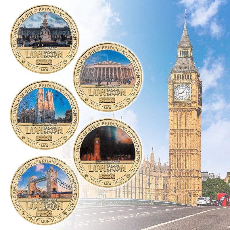 5pcs London Landmarks Golden Commemorative Coins UK Famous Architecture Traveling Souvenir Coins Set Collectible Gifts for Kids