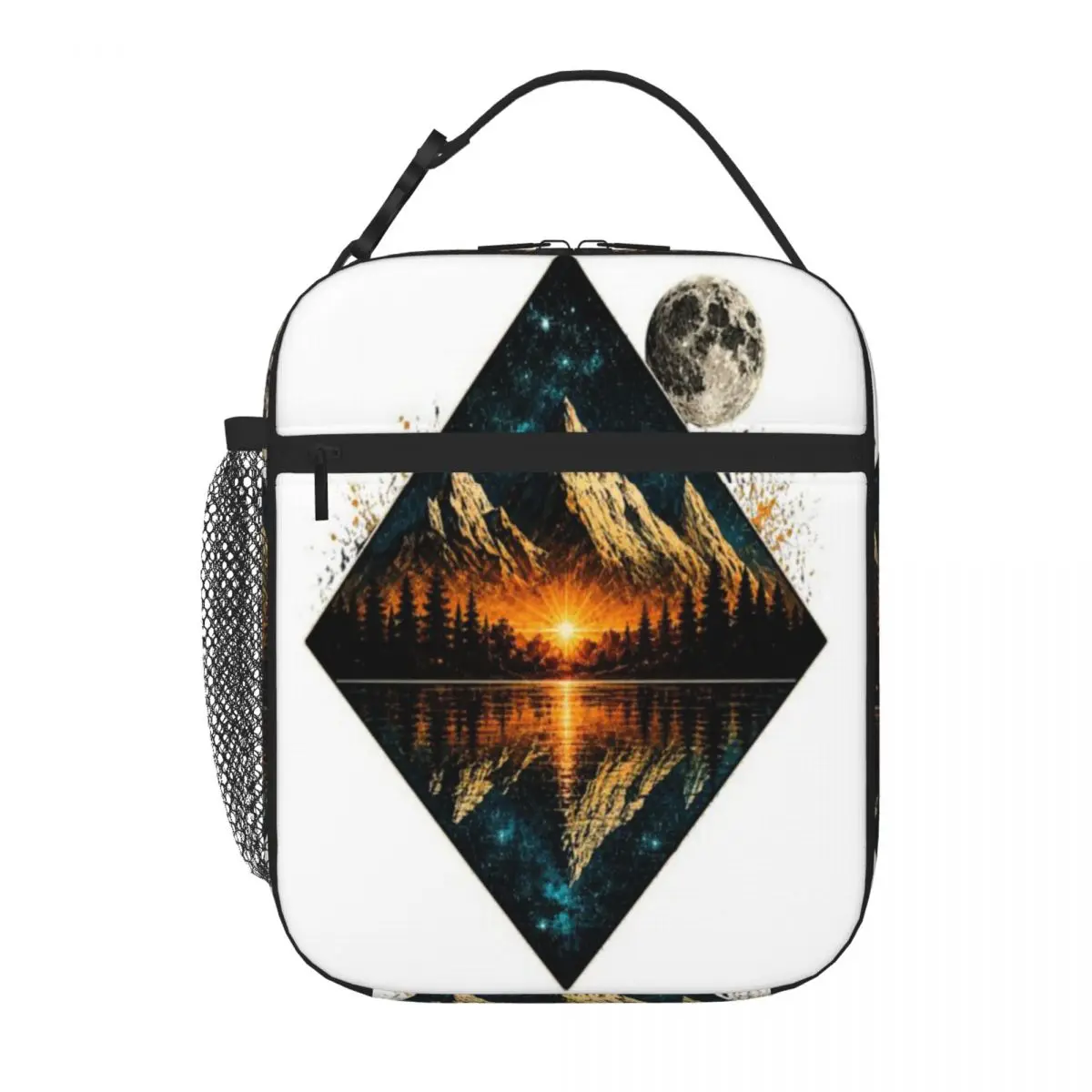 Hot Sale Moonlit Mountain Reflection Retro Nature Art Fruit Print Picnic Lunch Bag Overnight Trip Outdoor Lunch Bag