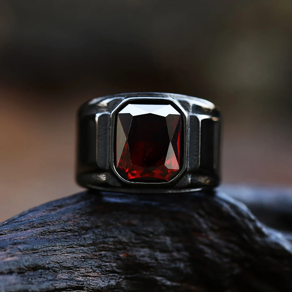 Punk Hip Hop Creative Design Square Black Red Stone Men's Ring Retro Simple 316L Stainless Steel Ring Jewelry Gift Wholesale