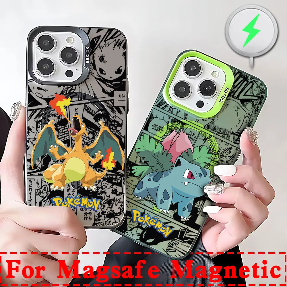 Anime Charizard Bulbasaur Pokemens Magsafe Magnetic Phone Case for IPhone 11 12 13 14 15 16 Pro Max Plus Silver Plated Cover