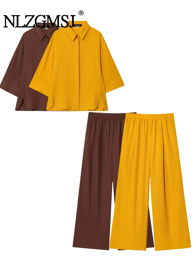 NLZGMSJ Abito da donna solido casual vintage monopetto colletto rovesciato camicetta pantaloni dritti larghi nuovi set di moda