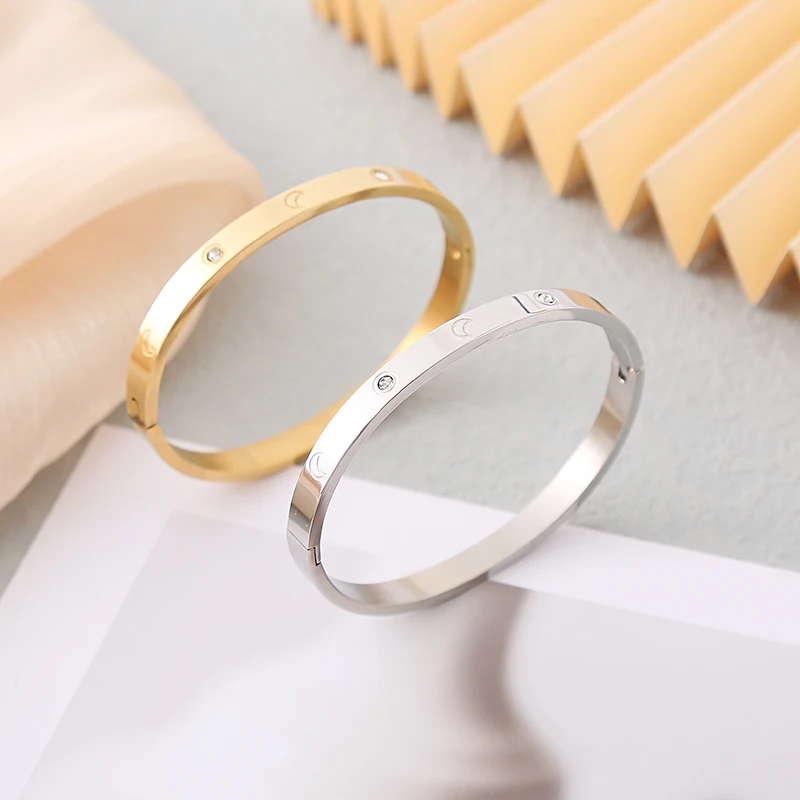 Women's Stainless Steel Bracelet with Diamond Accented Moon Simple Buckle Design European And American Style Jewelry