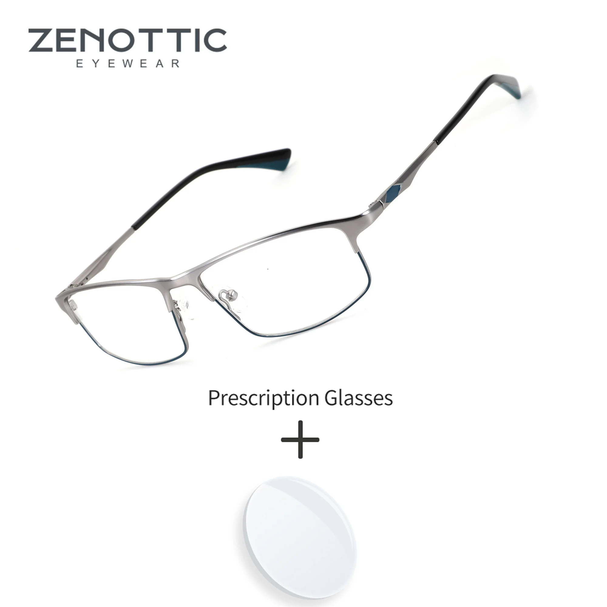 zenottic-xlサイズ、半縁、長方形、金属フレーム、男性用、度付きメガネ、累進レンズ、ブルーライトカット、普段使いに最適なメガネ
