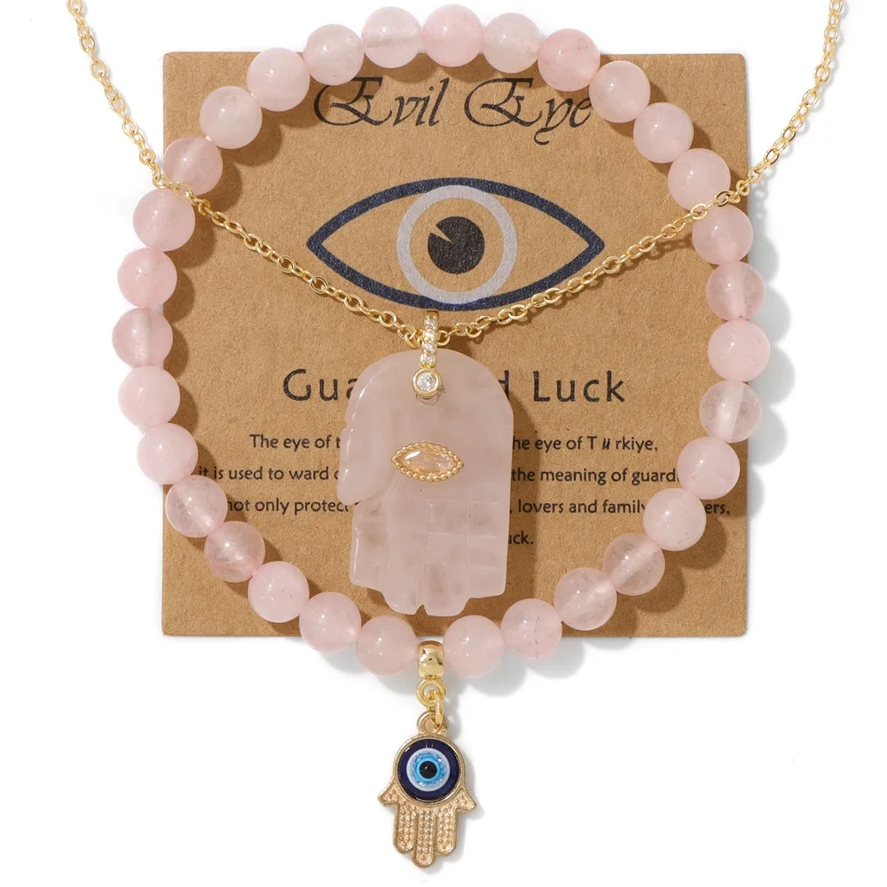 Fatima Hamsa Hand Evil Eye Pendant Necklace Rose Quartzs Natural Stone Beads Bracelet Necklace Lucky Jewelry Set For Women Men