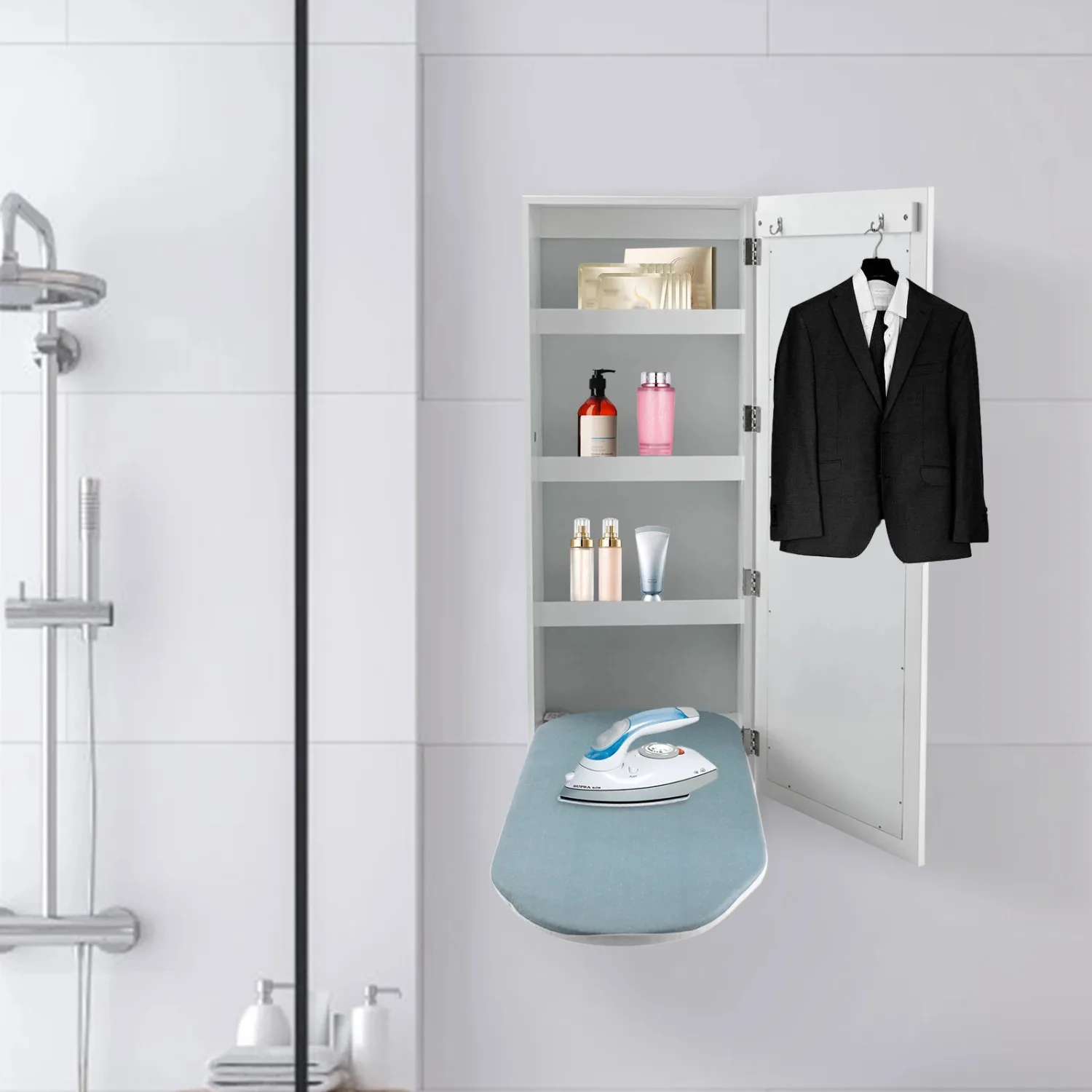 

Wall-Mounted Ironing Board Cabinet with Mirrored Door Foldable Ironing Board Closet with Storage Ironing Supplies Organizer