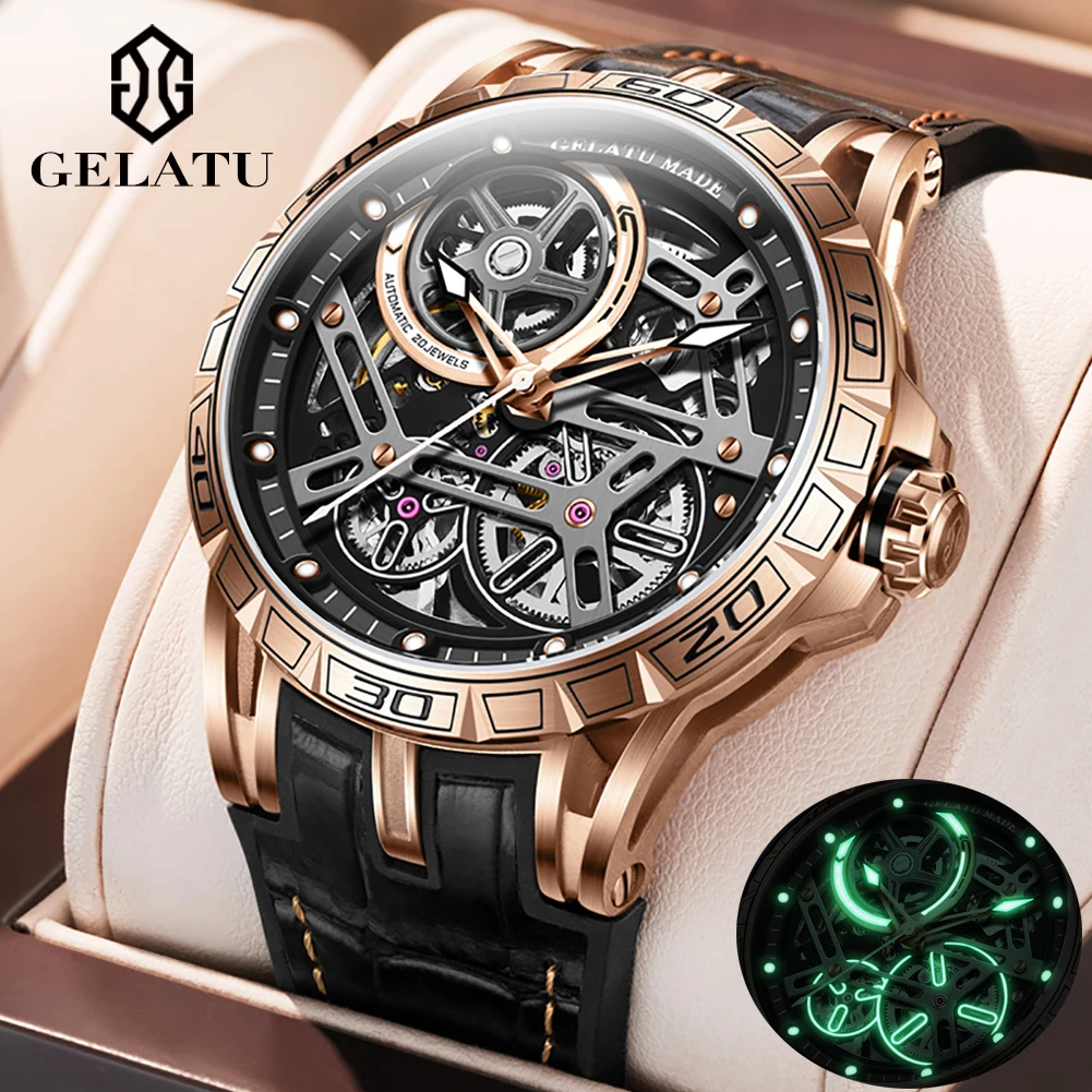 

GELATU Original Luxury Watch for Men Automatic Mechanical Waterproof Silicone Leather Strap Sapphire Crystal Skeleton Wristwatch