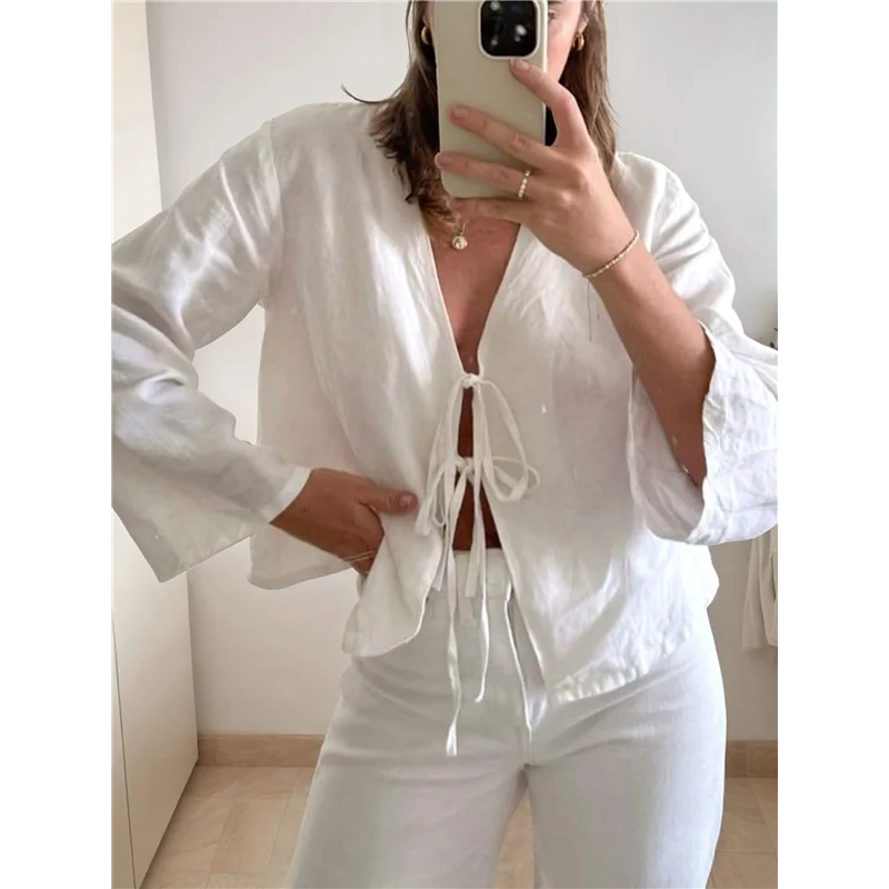 CGS-Tie devant hauts pour femmes Y2K chemises en coton manches évasées col en V vêtements décontracté à lacets nœud-blemisiers