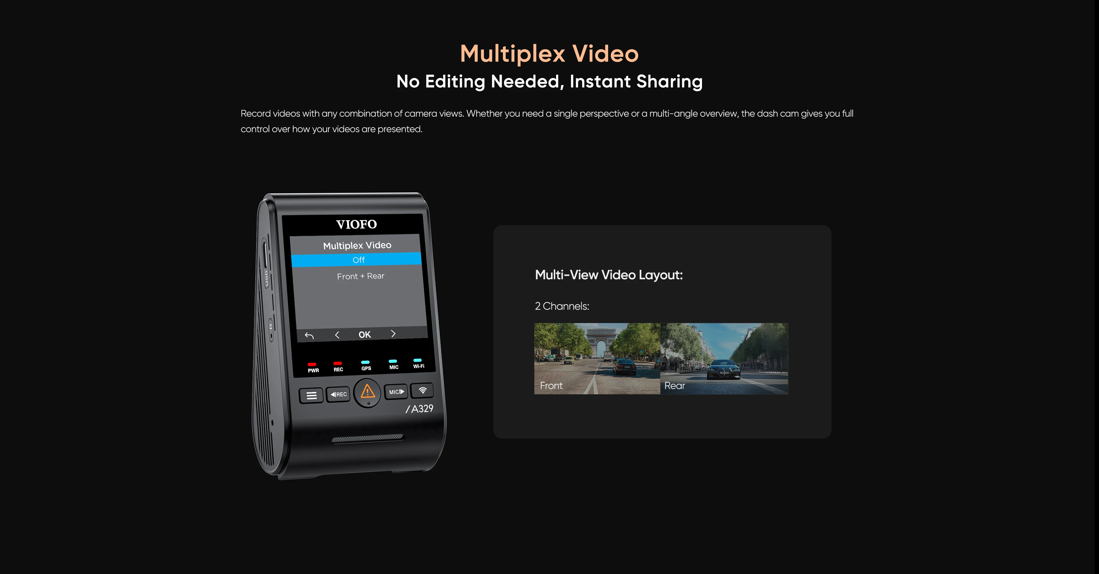 VIOFO A329S 2CH 4K 60FPS+2K HDR GPS Wi-Fi 6 Dash Cam with Sony STARVIS 2 Sensor, Support SSD Storage, Low Power Impact Detection