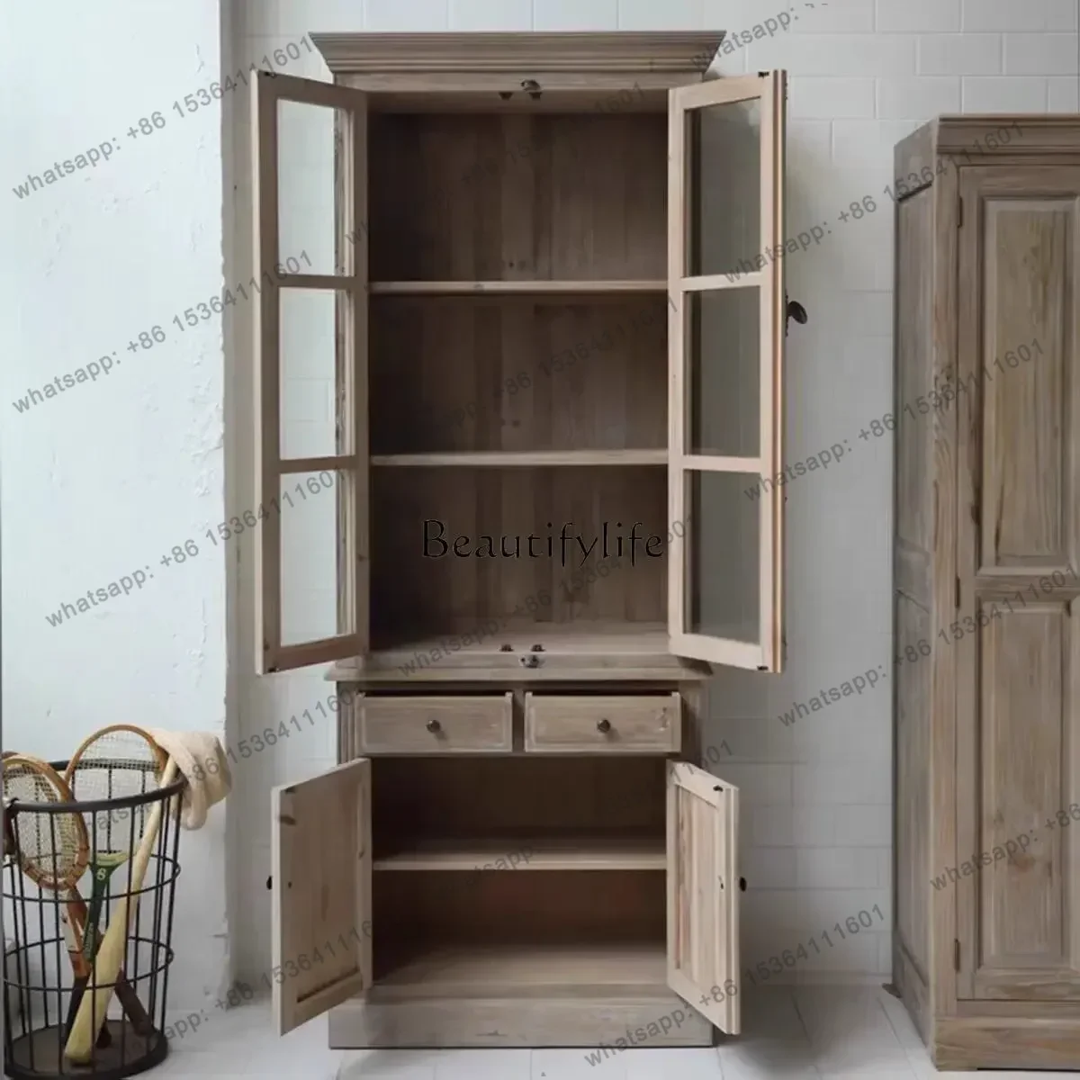 Best Seller American Style Solid Wood Bookcase Combination French Retro Oak Bookshelf With Locking Storage Cabinet