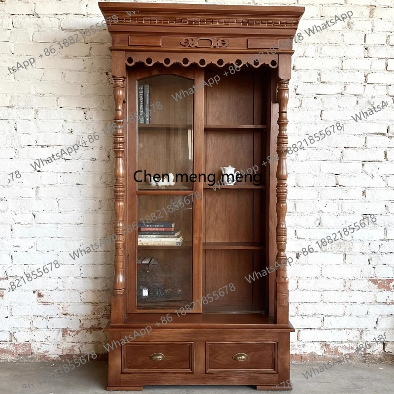 

Medieval solid wood glass bookcase classical retro carving old sliding door storage display cabinet