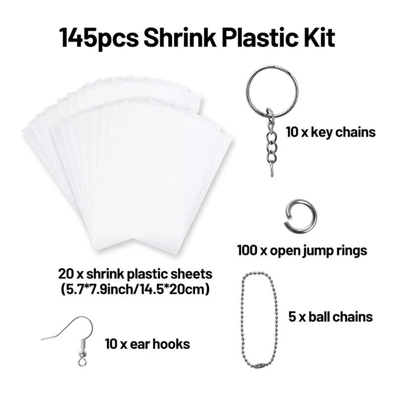 Heat Shrink Plastic Sheets Pack, Include Blank Shrinky Art Film Paper 125 PCS Keychains Accessories for DIY Ornaments