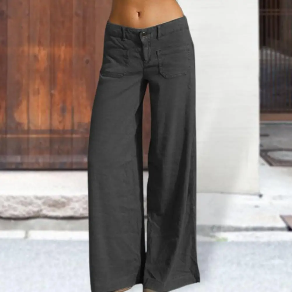 Vintage Elegant Wide Leg Pants Women's Summer Trousers Solid Button Front Zip Wide Leg Summer Straight Trousers Streetwear