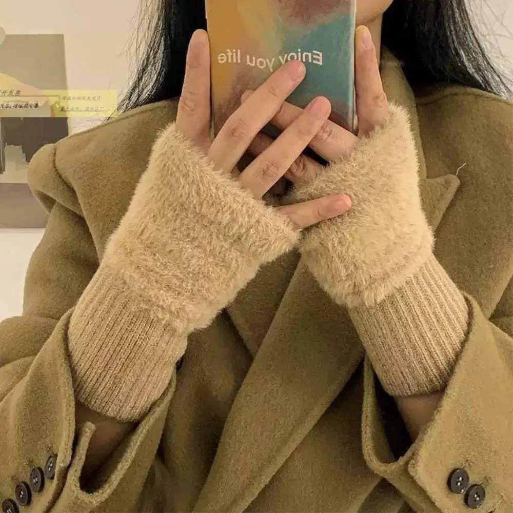 Норковые флисовые мягкие зимние перчатки с половиной пальца, женские чистые белые плюшевые вязаные перчатки без пальцев, корейские варежки на запястье, грелки для рук, хит продаж