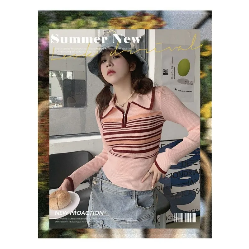 Contrast Striped Collar Long-sleeved Knitted Sweater Women's Autumn Design Niche Short Top