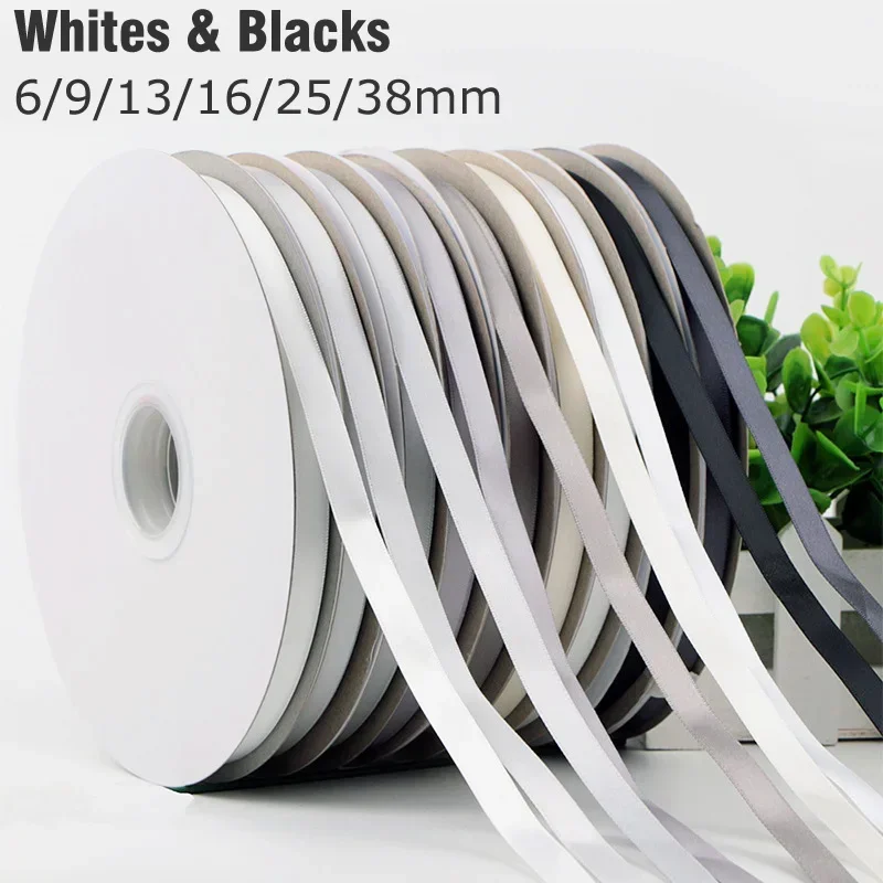 6/9/13/16/25/38mm White Black Double Face Satin Ribbon Solid Color 100% Polyester Dense Thick Silky Tapes Gift Wrap 941766