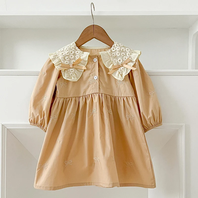 Sweet Kids Baby Girls Long Sleeve Embroidered Bow Princess Dress Autumn Baby Girls Lace Doll Collar Dress Children Clothes Dress