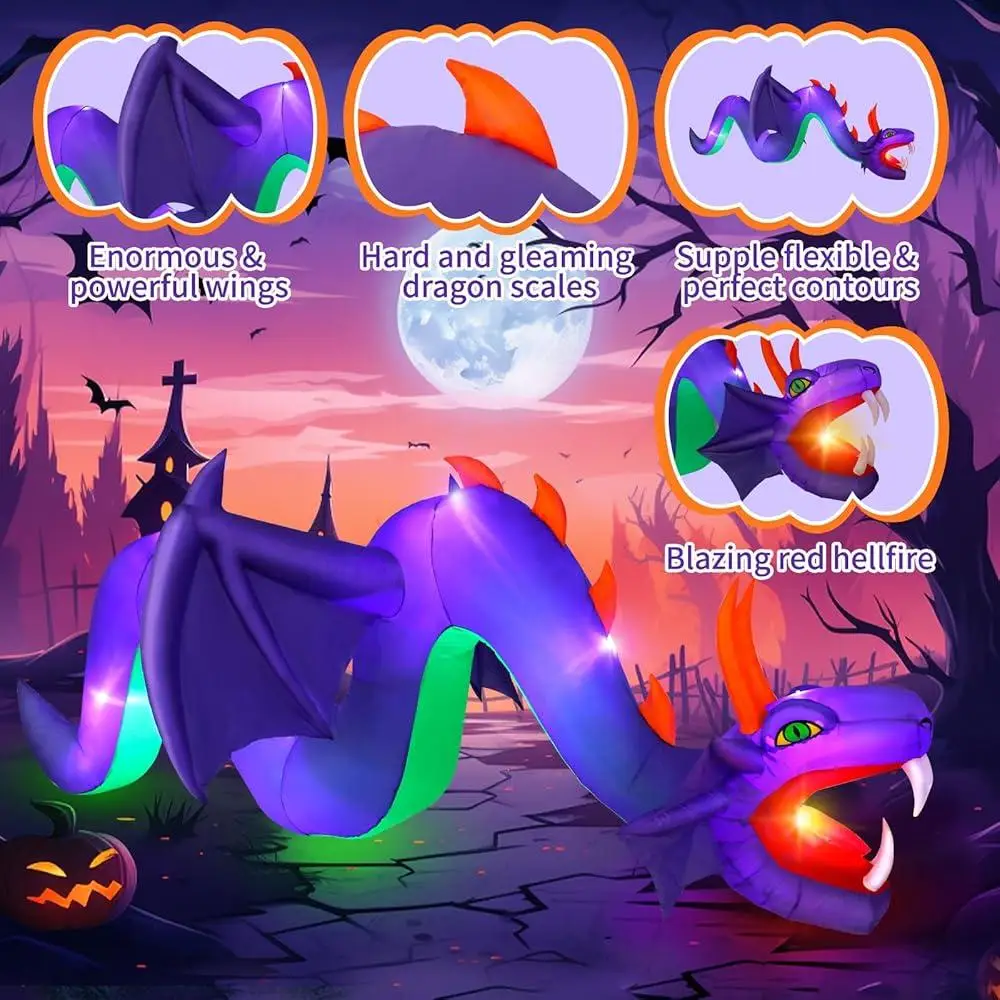 12ft Inflatable Dragon Halloween Decorations Outdoor Giant Purple Dragon with LED Lights Spooky Party Yard Decor Airblown