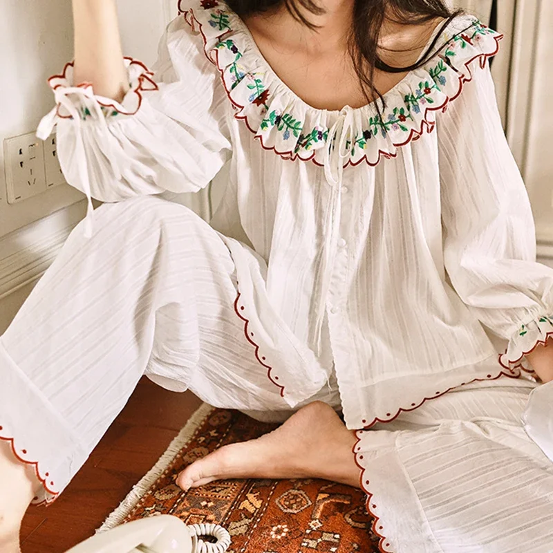 Women Spring Autumn Cotton Jacquard Embroidery Cute Sweet Girl Home Clothing Top Pants Two Piece Set Victorian Sleepwear