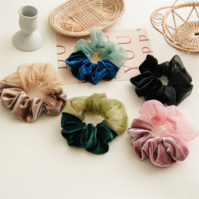 

New Woman High-grade Velvet Gauze Patchwork Elastic Hairband Girls Washing Face Scrunchies Hairband Lady Hair Ties Ponytail Hold