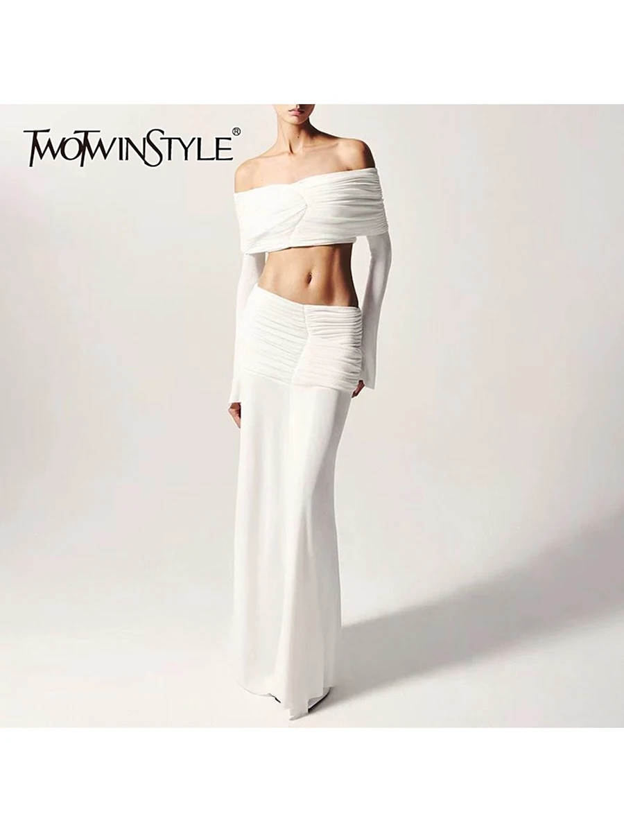TWOTWINSTYLE Solid Spliced Shirring Minimalist Two Piece Sets for Women Slash Neck Long Sleeves Top Low Waist Skirt Set Female