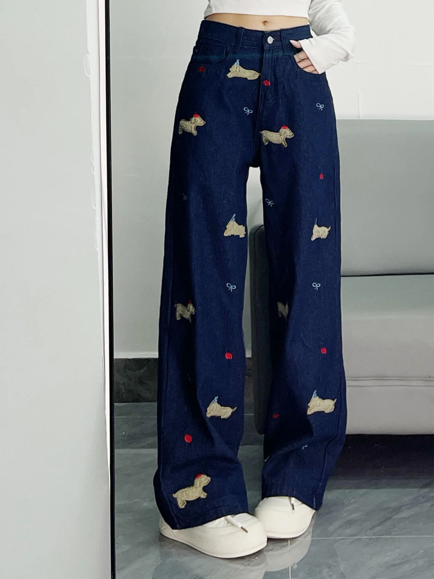 

Женские джинсы-клеш с высокой талией в стиле ретро, больших размеров, свободного кроя, с вышивкой собаки, повседневные, из смесового хлопка