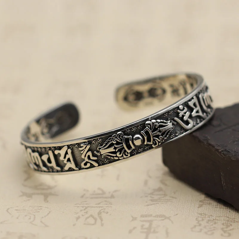 S925 Unisex Open Bangle With Vajra Scepter Design, Vintage Six-Character Mantra Thai Silver Bracelet