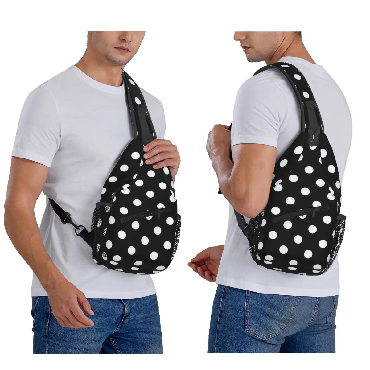 Black And White Polka Dot Pattern Chest Bag Men Sling Crossbody Backpack Chest Bag Travel Hiking Daypack Shoulder Bag
