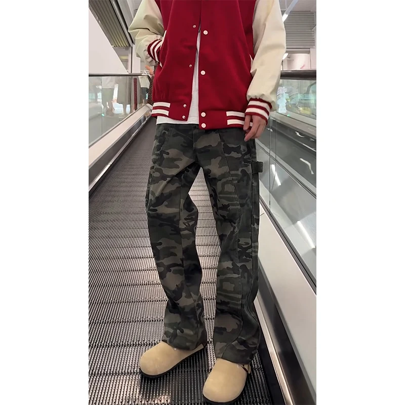 

Retro Camouflage Workwear Pants Men's Spring Autumn American Logging Patchwork Straight Leg Jeans Youthful Trendy Fit