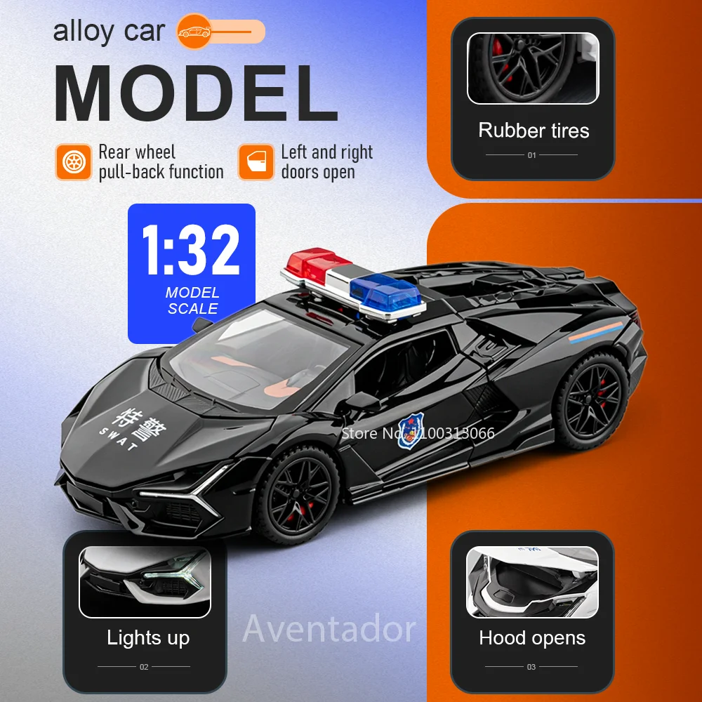 

Машинка-копия Aventador Hellcat Police Car 1:32, литая модель из сплава, миниатюрная игрушка со звуком и светом, открывающиеся двери, откат назад, подарок для детей
