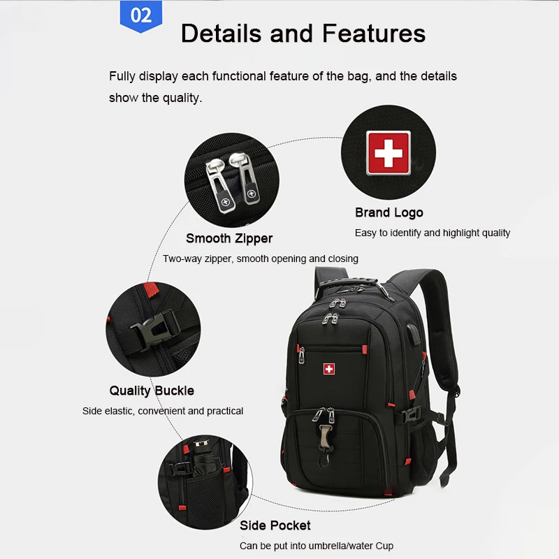 SWISS Classic-Mochila para ordenador portátil de 17 pulgadas para hombre, bolsa de viaje de 80L, resistente al agua, multifuncional, con carga USB