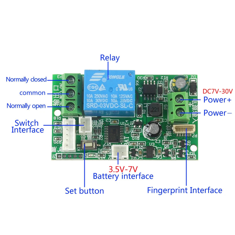 Imagem -04 - Fingerprint Access Control Módulo Relé Door Lock Controlador Switch Fingerprint Indução Electric Lock Control Board Dc7v30v