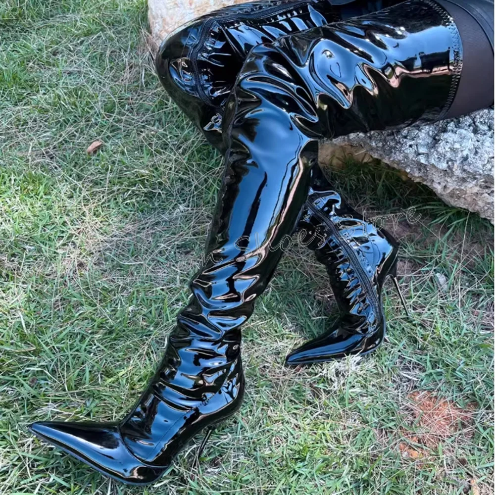 

Black Side Zipper Pointed Toe Boots Patent leather Thin High Heels Heels High Heel Shoes for Women Heels 2025 New Zapatos Para M